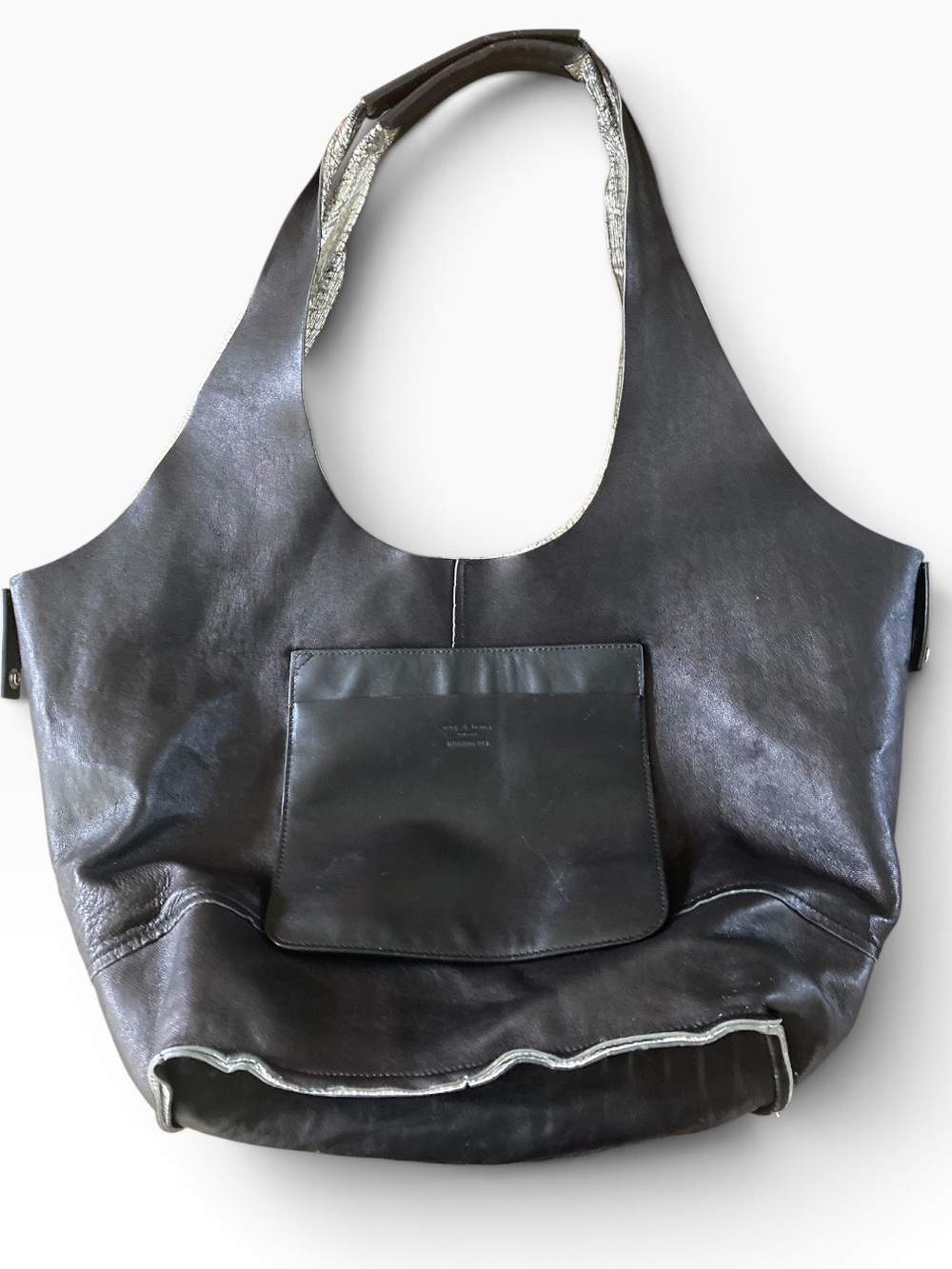 Rag & Bone Camden Shopper Metallic Silver Black Leather Tote Bag Oversized - Picture 7 of 14